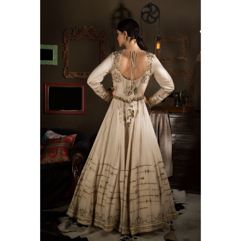 Neha Tarun Beige Embroidered Floor Length Gown