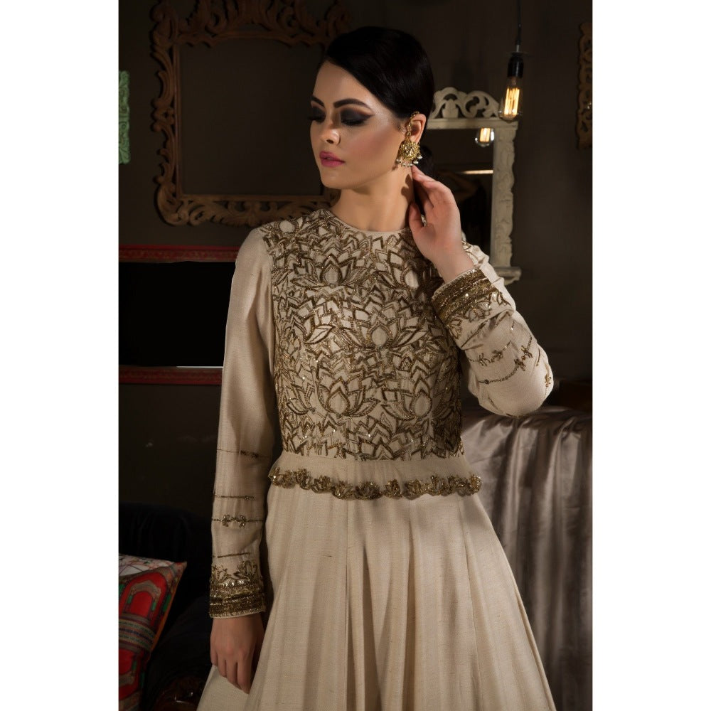 Neha Tarun Beige Embroidered Floor Length Gown