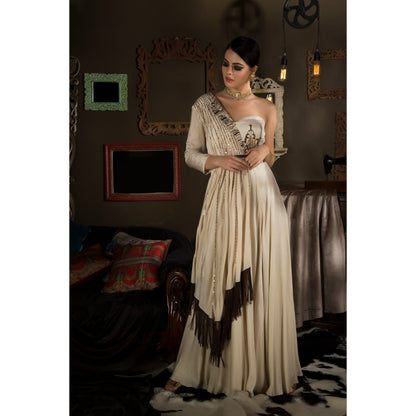 Neha Tarun Ivory Single Shoulder Gown with Attached Draped and Belt (Set of 2)