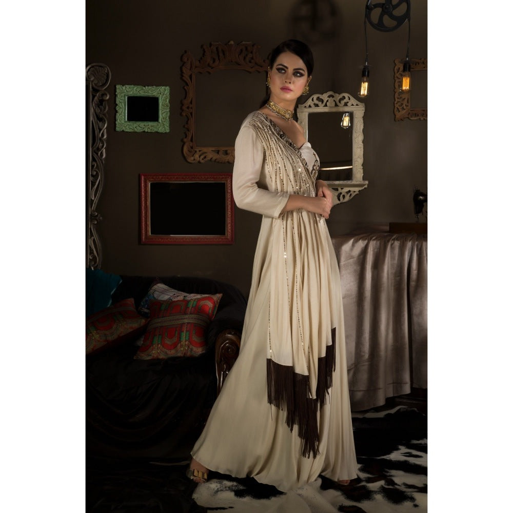 Neha Tarun Ivory Single Shoulder Gown with Attached Draped and Belt (Set of 2)