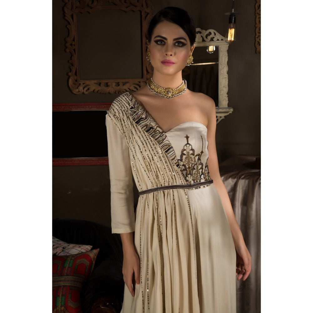 Neha Tarun Ivory Single Shoulder Gown with Attached Draped and Belt (Set of 2)