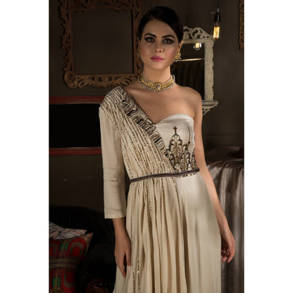 Neha Tarun Ivory Single Shoulder Gown with Attached Draped and Belt (Set of 2)