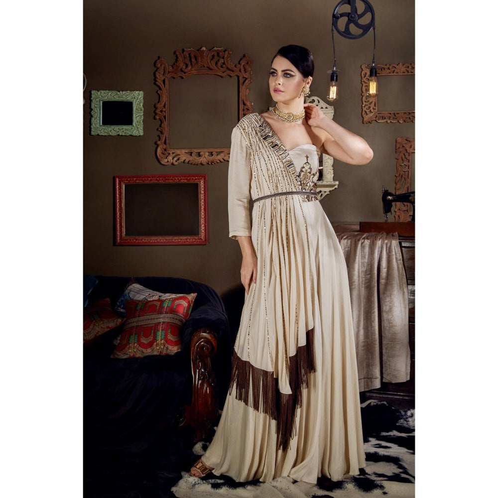 Neha Tarun Ivory Single Shoulder Gown with Attached Draped and Belt (Set of 2)