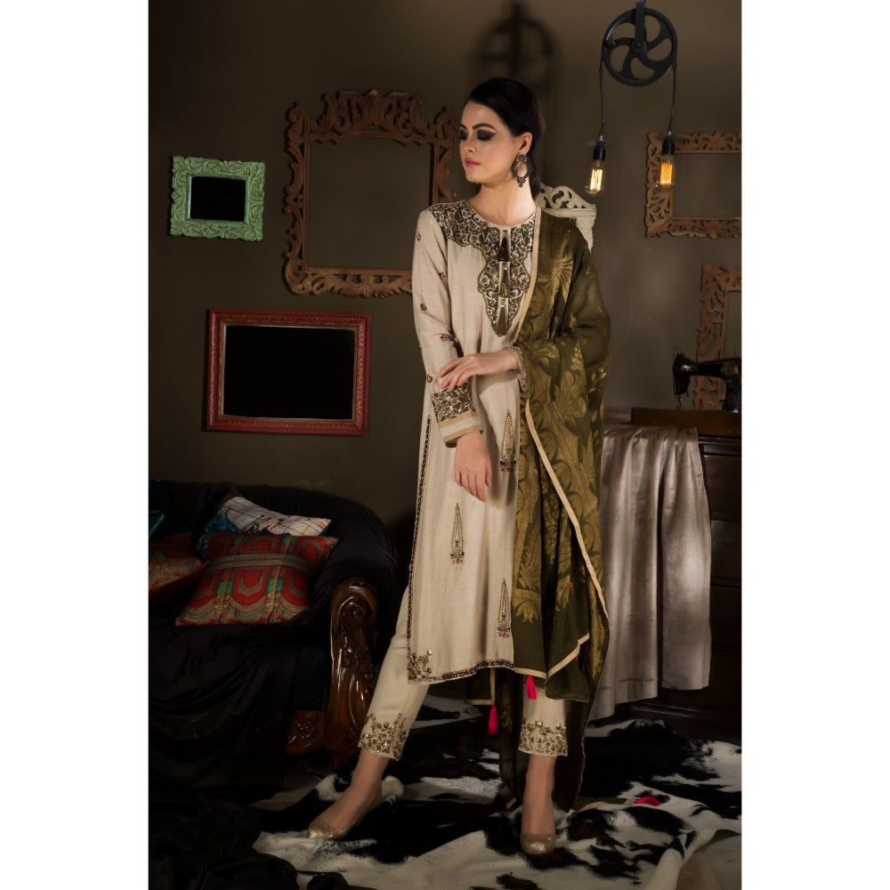 Neha Tarun Beige Embroidered Kurta with Pant and Bansari Dupatta (Set of 3)
