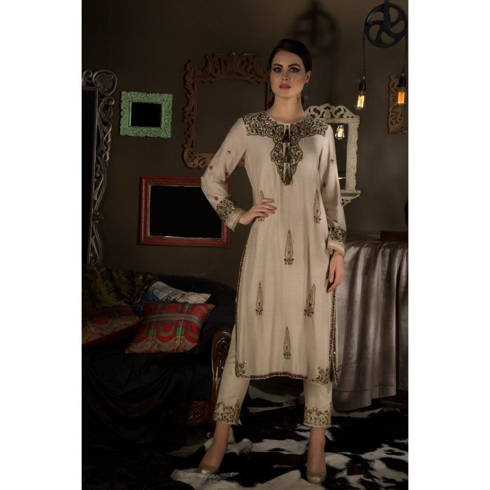 Neha Tarun Beige Embroidered Kurta with Pant and Bansari Dupatta (Set of 3)