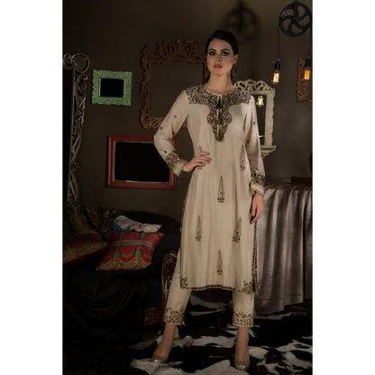 Neha Tarun Beige Embroidered Kurta with Pant and Bansari Dupatta (Set of 3)