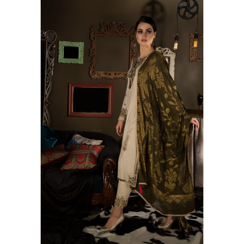 Neha Tarun Beige Embroidered Kurta with Pant and Bansari Dupatta (Set of 3)