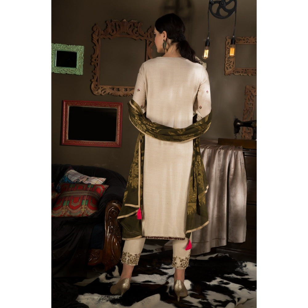 Neha Tarun Beige Embroidered Kurta with Pant and Bansari Dupatta (Set of 3)
