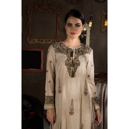 Neha Tarun Beige Embroidered Kurta with Pant and Bansari Dupatta (Set of 3)