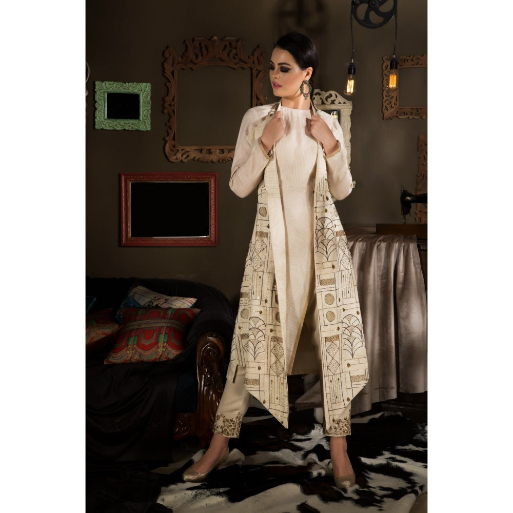 Neha Tarun Beige Embroidered Jacket with Kurta and Pant (Set of 3)