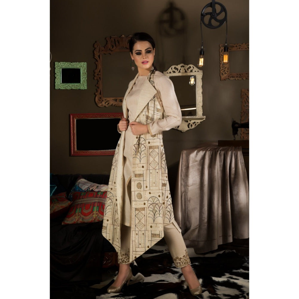 Neha Tarun Beige Embroidered Jacket with Kurta and Pant (Set of 3)