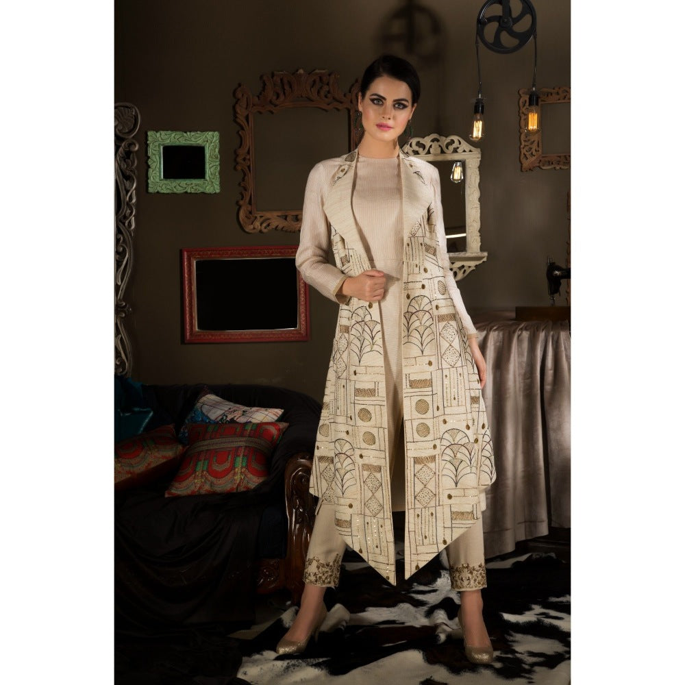 Neha Tarun Beige Embroidered Jacket with Kurta and Pant (Set of 3)
