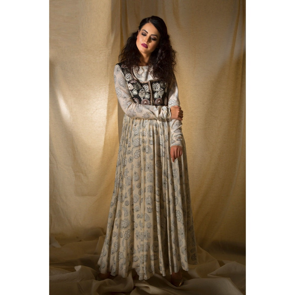 Neha Tarun Off White Printed Anarkali with Embroidered Short Jacket and Pant (Set of 3)
