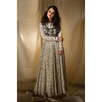 Neha Tarun Off White Printed Anarkali with Embroidered Short Jacket and Pant (Set of 3)