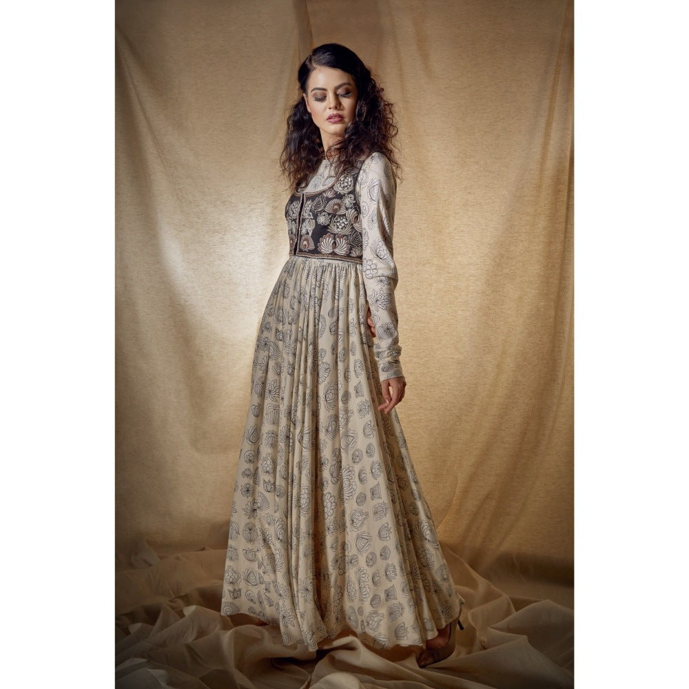 Neha Tarun Off White Printed Anarkali with Embroidered Short Jacket and Pant (Set of 3)