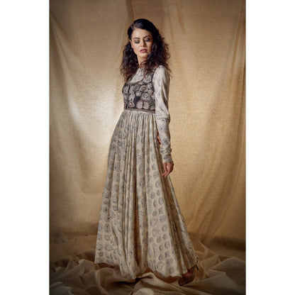 Neha Tarun Off White Printed Anarkali with Embroidered Short Jacket and Pant (Set of 3)