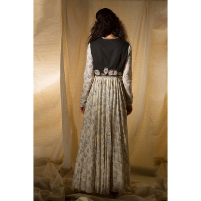 Neha Tarun Off White Printed Anarkali with Embroidered Short Jacket and Pant (Set of 3)