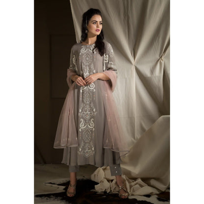Neha Tarun Grey A Line Kurta with Pant and Dupatta (Set of 3)