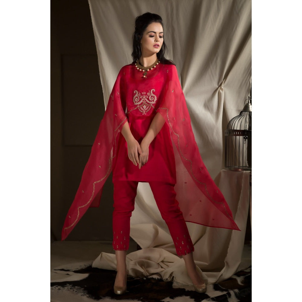 Neha Tarun Red Short Kurta with Cape and Pant (Set of 3)