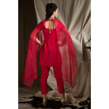 Neha Tarun Red Short Kurta with Cape and Pant (Set of 3)