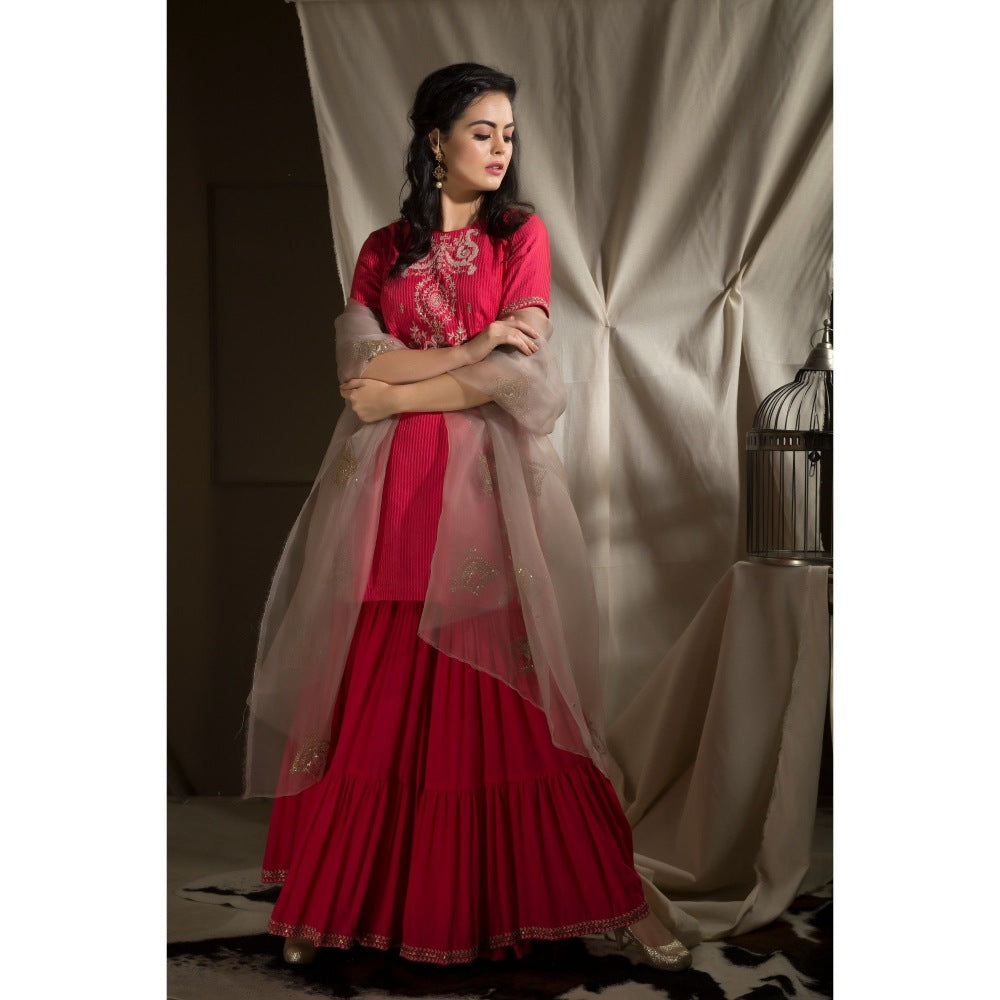 Neha Tarun Red Short Kurta with Sharara and Dupatta (Set of 3)
