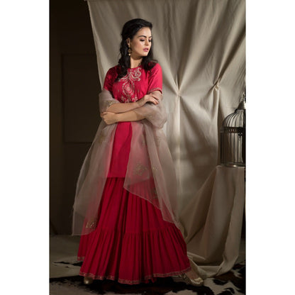 Neha Tarun Red Short Kurta with Sharara and Dupatta (Set of 3)