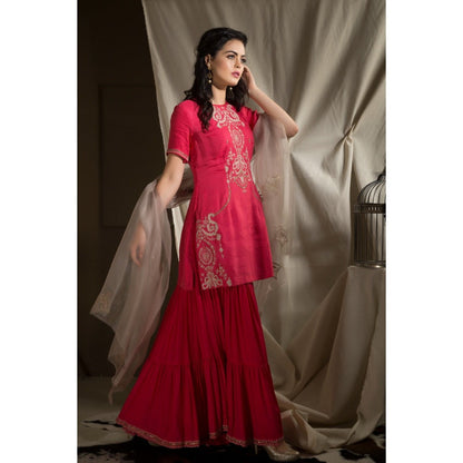 Neha Tarun Red Short Kurta with Sharara and Dupatta (Set of 3)