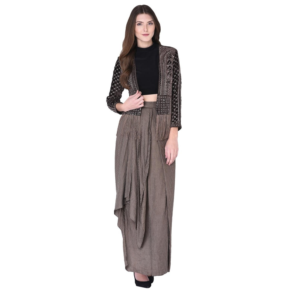 Neha Tarun Brown Embellished Jacket with Crop Top and Drape Skirt (Set of 3)