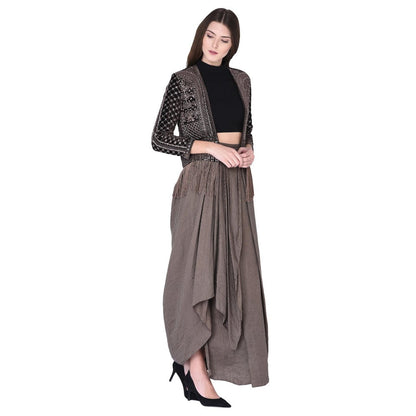Neha Tarun Brown Embellished Jacket with Crop Top and Drape Skirt (Set of 3)