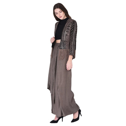 Neha Tarun Brown Embellished Jacket with Crop Top and Drape Skirt (Set of 3)