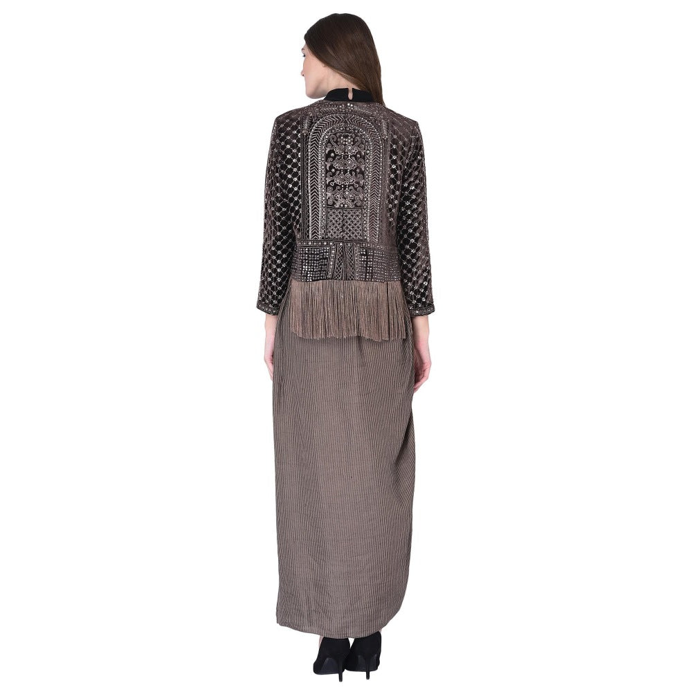 Neha Tarun Brown Embellished Jacket with Crop Top and Drape Skirt (Set of 3)