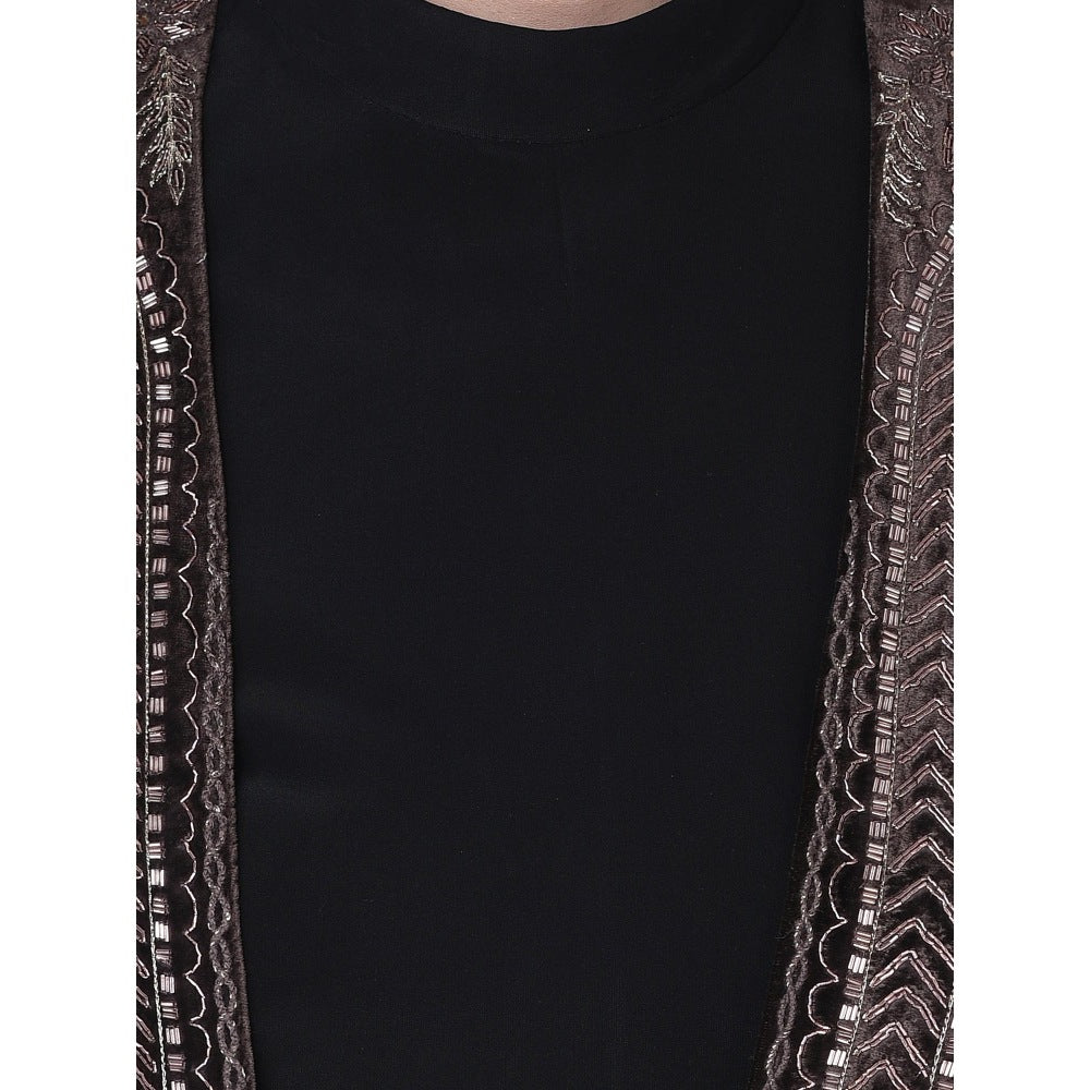 Neha Tarun Brown Embellished Jacket with Crop Top and Drape Skirt (Set of 3)