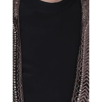 Neha Tarun Brown Embellished Jacket with Crop Top and Drape Skirt (Set of 3)