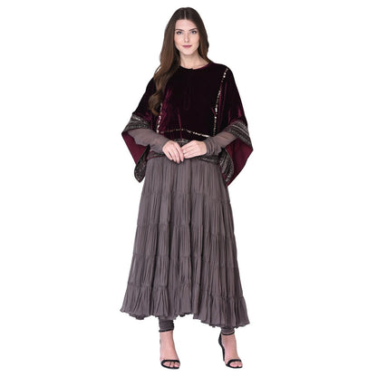Neha Tarun Grey Anarkali Kurta with Embroidered Kaftan Style Cape and Churidar (Set of 3)