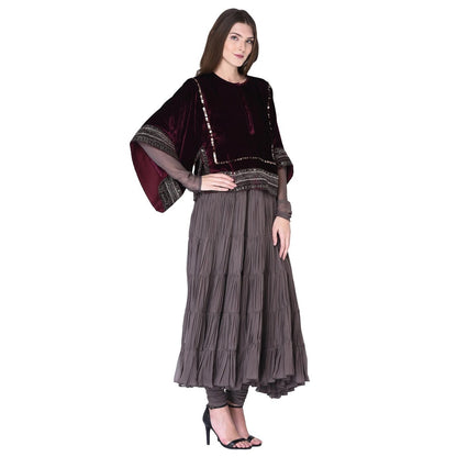 Neha Tarun Grey Anarkali Kurta with Embroidered Kaftan Style Cape and Churidar (Set of 3)