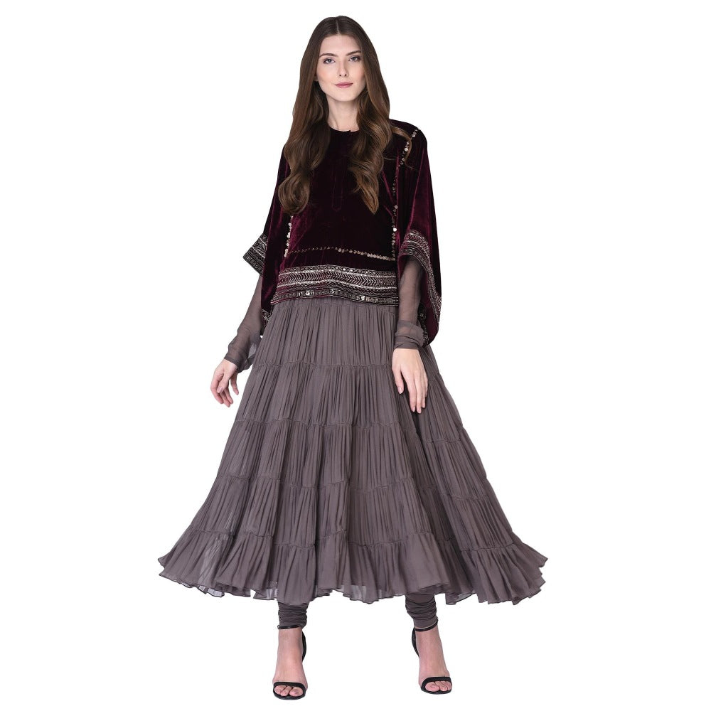 Neha Tarun Grey Anarkali Kurta with Embroidered Kaftan Style Cape and Churidar (Set of 3)