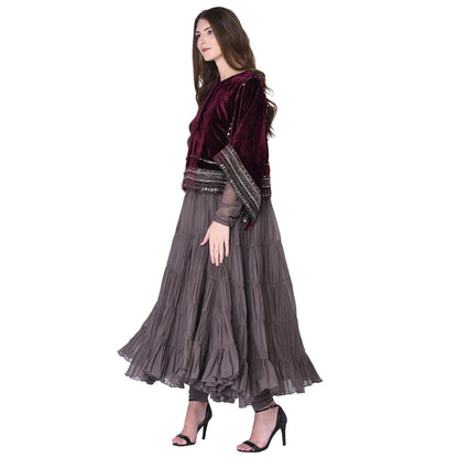 Neha Tarun Grey Anarkali Kurta with Embroidered Kaftan Style Cape and Churidar (Set of 3)