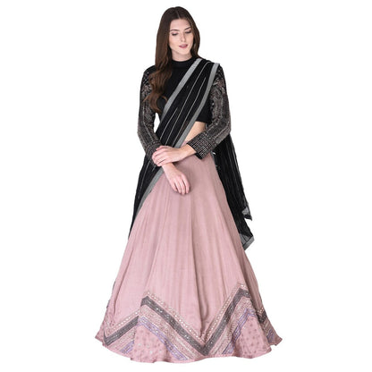 Neha Tarun Embroidered Blouse & Lehenga with Black Dupatta (Set of 3)