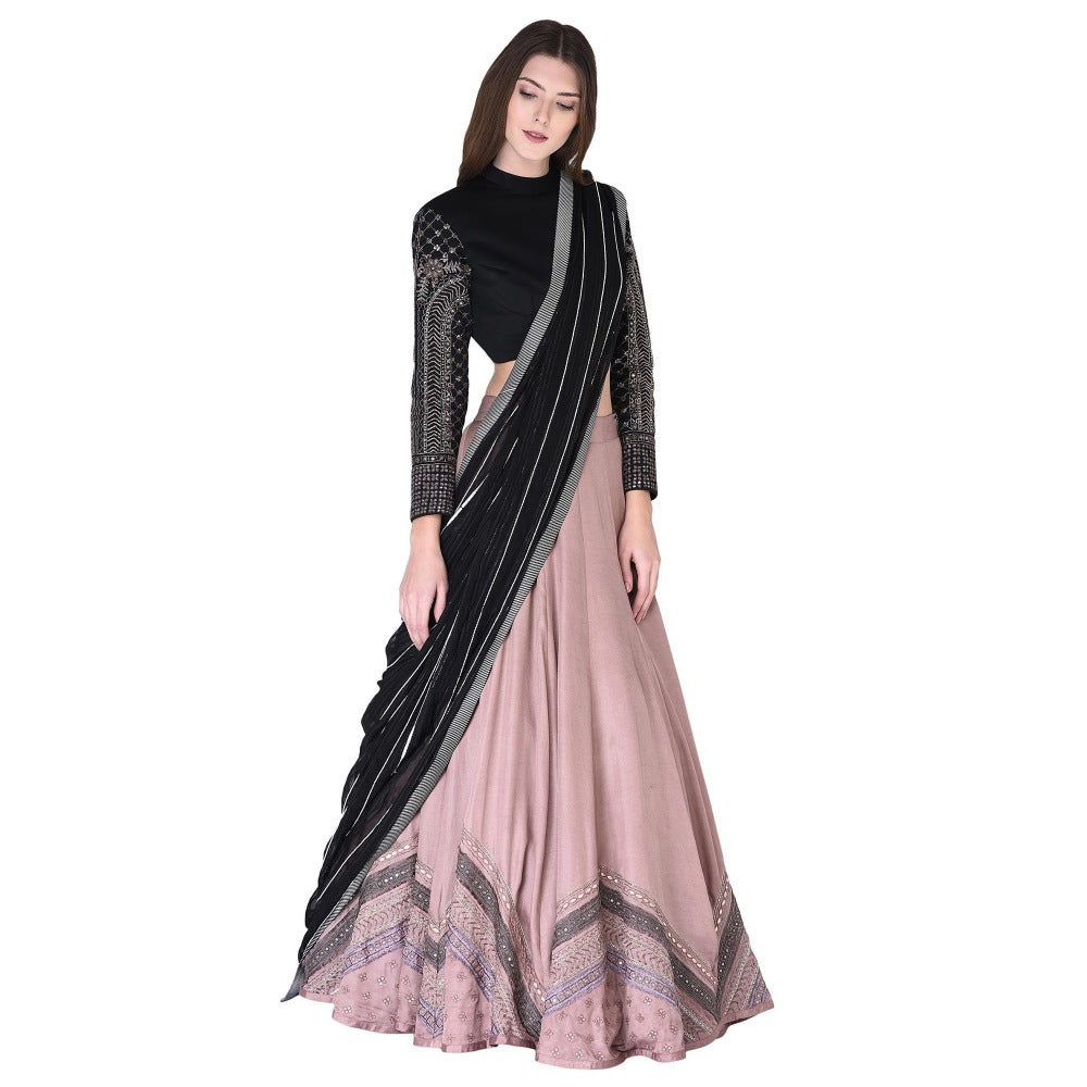 Neha Tarun Embroidered Blouse & Lehenga with Black Dupatta (Set of 3)