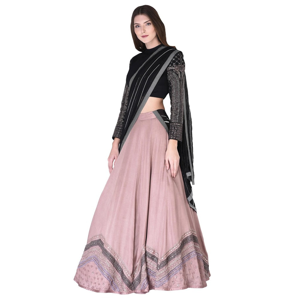 Neha Tarun Embroidered Blouse & Lehenga with Black Dupatta (Set of 3)