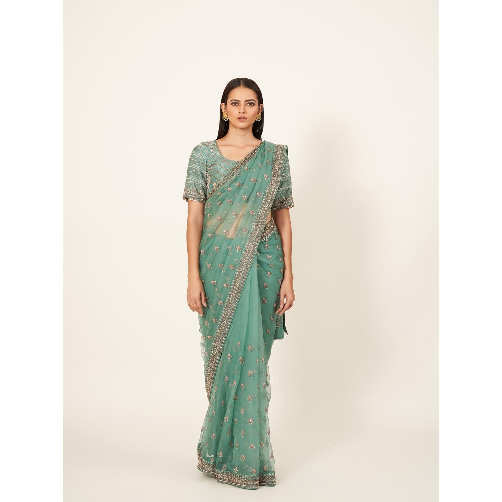 Neha Tarun Green Embroidered Saree and Stitched Blouse