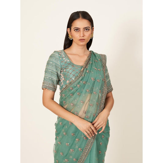 Neha Tarun Green Embroidered Saree and Stitched Blouse