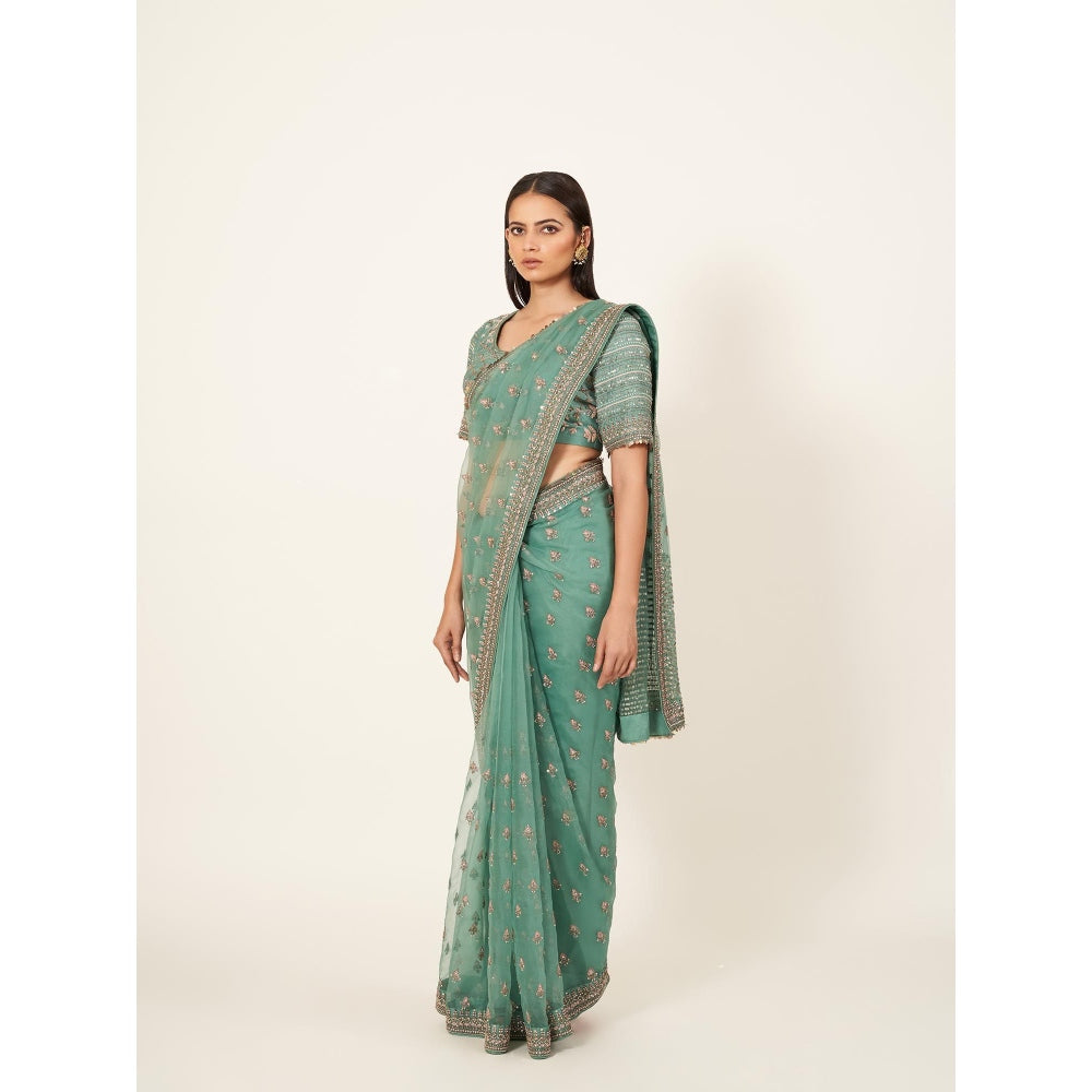 Neha Tarun Green Embroidered Saree and Stitched Blouse