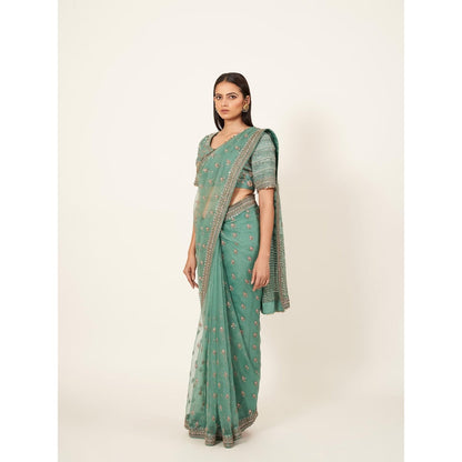 Neha Tarun Green Embroidered Saree and Stitched Blouse