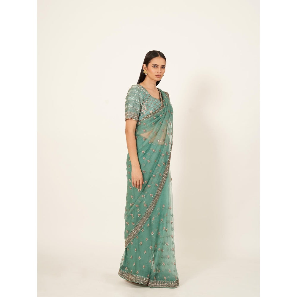 Neha Tarun Green Embroidered Saree and Stitched Blouse