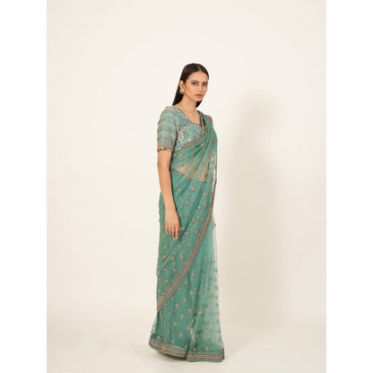Neha Tarun Green Embroidered Saree and Stitched Blouse