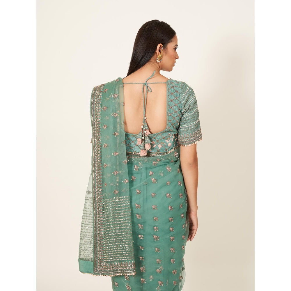 Neha Tarun Green Embroidered Saree and Stitched Blouse