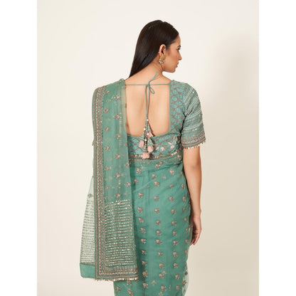 Neha Tarun Green Embroidered Saree and Stitched Blouse