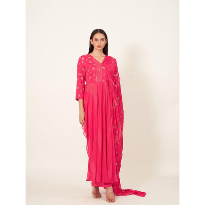 Neha Tarun Pink Embroidered Kurta with Attached Pallu and Pant (Set of 2)
