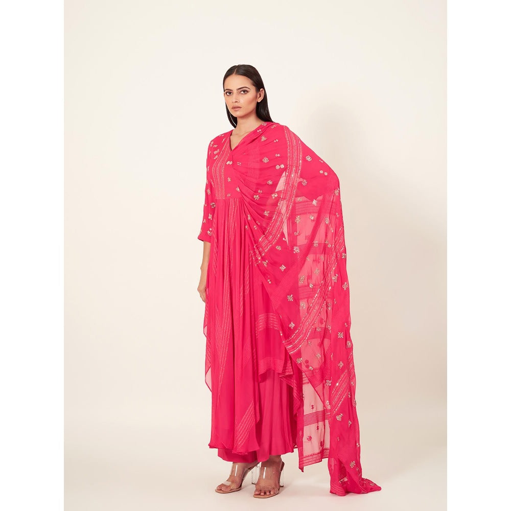 Neha Tarun Pink Embroidered Kurta with Attached Pallu and Pant (Set of 2)